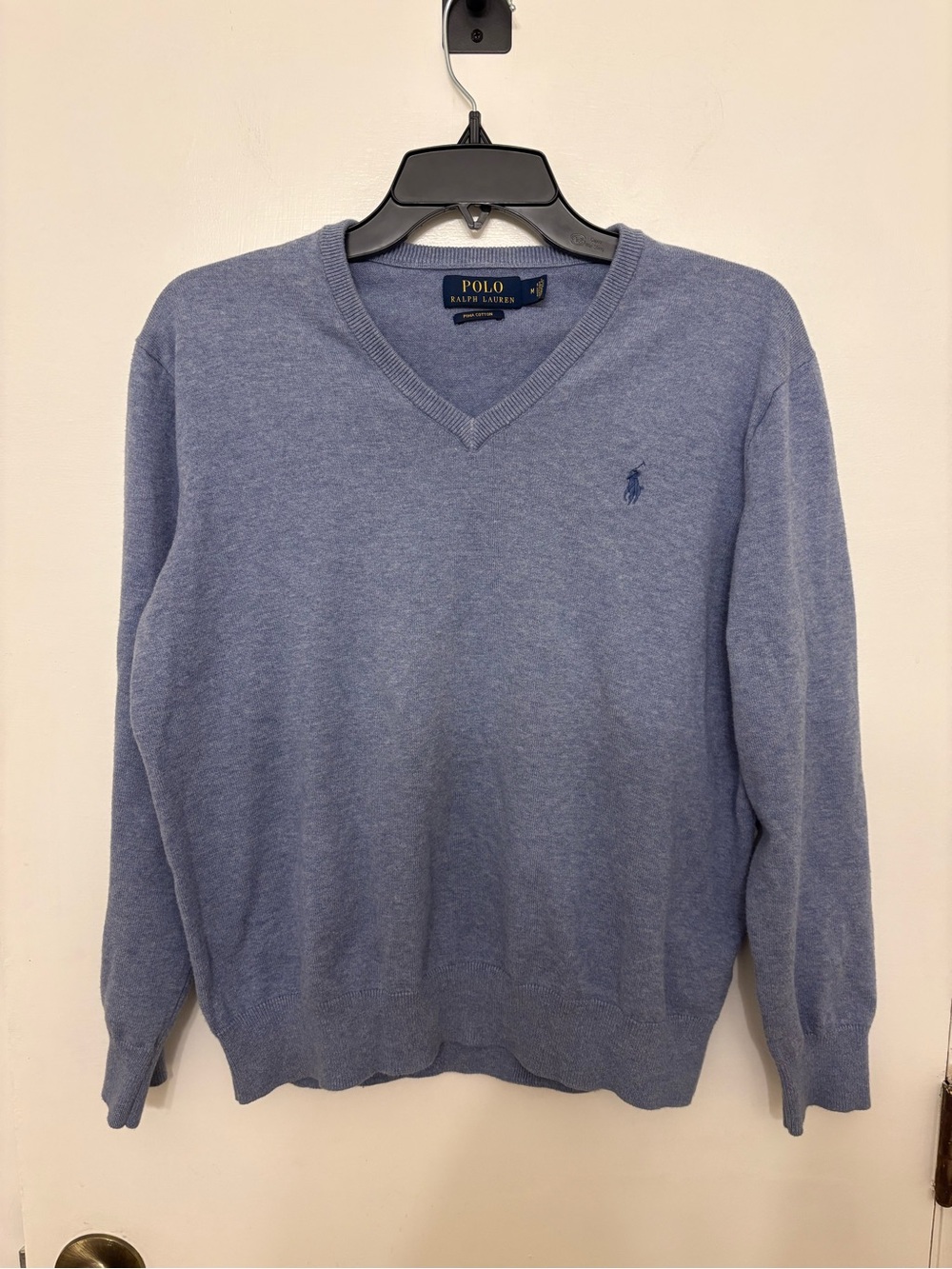 Polo Ralph Lauren 100% Pima Cotton V-Neck Sweater Light Blue Pony Logo Men's M